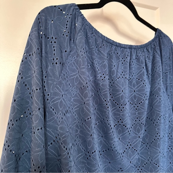 Rafaella Navy Drawstring Neck Eyelet Top - Picture 7 of 9